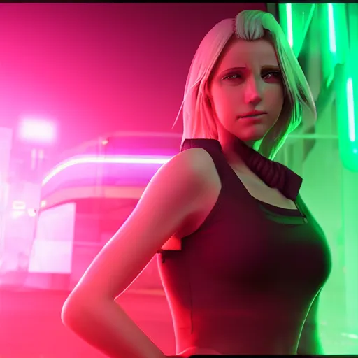 Prompt: Annie Leonhart in a neon city, octane render 8k, photorealistic render, atmospheric render, beautiful face, glare