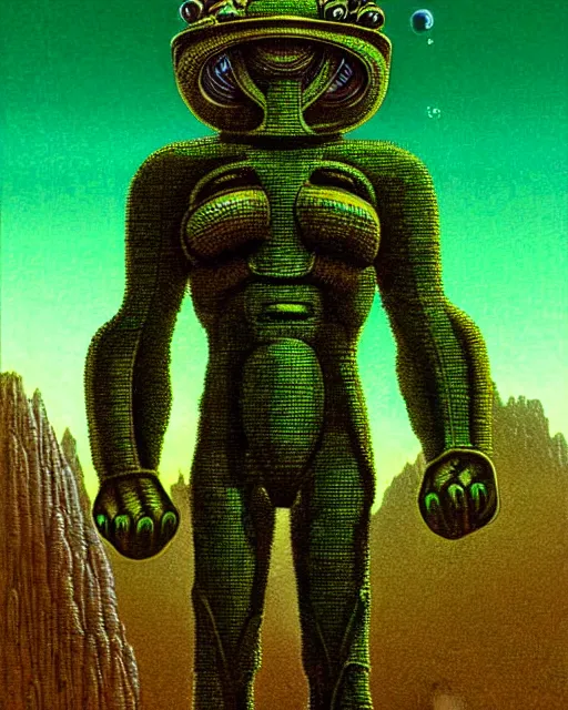 Image similar to portrait giant green humanoid with his fist up, brown armor, background ancient alien landscape, low angle, close up, concept art, intricate details, highly detailed, vintage sci - fi poster, retro future, vintage sci - fi art, in the style of chris foss, rodger dean, moebius, michael whelan, and gustave dore