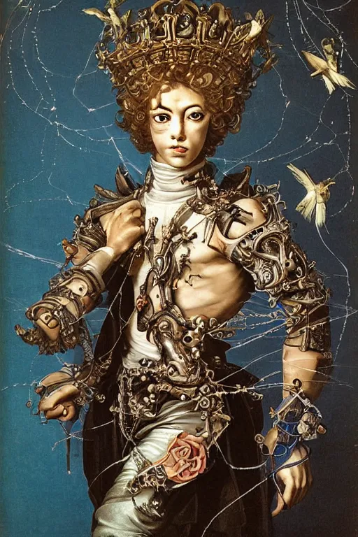 Image similar to full-body baroque and cyberpunk style sculpture of a young handsome Spanish prince half android with a chest opening exposing circuitry and blue electric sparks, glowing pink laser eyes, crown of peach roses, flowing teal-colored silk, fabric, flowers. baroque elements, human skull. full-length view. baroque element. intricate artwork by caravaggio. many many birds birds on background. Trending on artstation, octane render, cinematic lighting from the right, hyper realism, octane render, 8k, depth of field, 3D