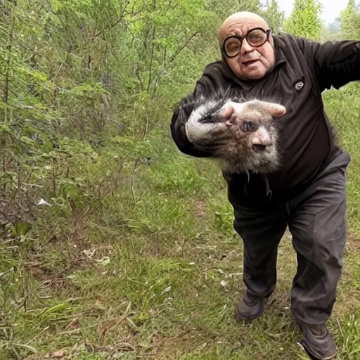 Prompt: danny devito trailcam footage