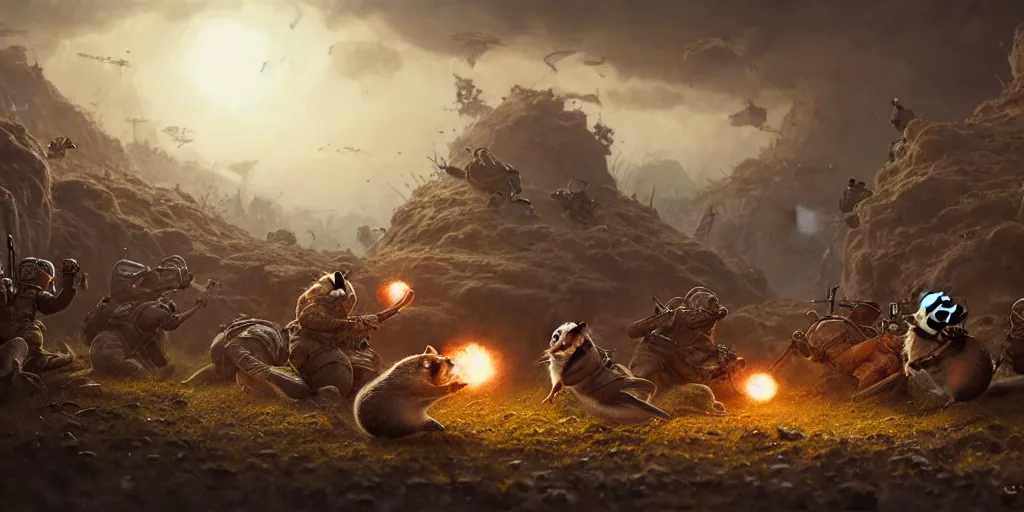 Image similar to highly detailed illustration featuring hamsters in battle, stephen bliss, unreal engine, fantasy art by greg rutkowski, global illumination, radiant light, detailed and intricate environment, hamsters, hamsters holding rifles