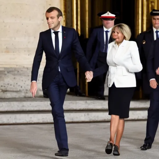 Image similar to emmanuel macron getting kicked out of the elysee palace, full body shot, highly - detailed, sharp focus, award - winning