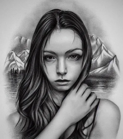 Prompt: a beautiful girl portrait at amazing nature and mountains, realism tattoo, in the style of den yakovlev, black and white, hyper realistic, highly detailed