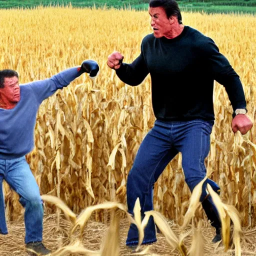 Prompt: Sylvester Stallone punching joe biden in a corn maze, 4k realistic photo