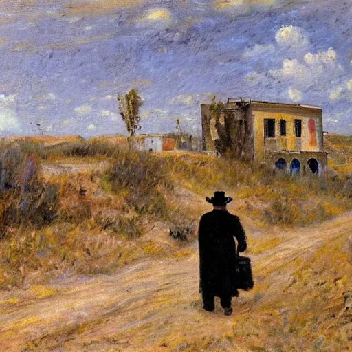 Image similar to the man in black and a revolver in hand walking around an abandoned western town, impressionist painting