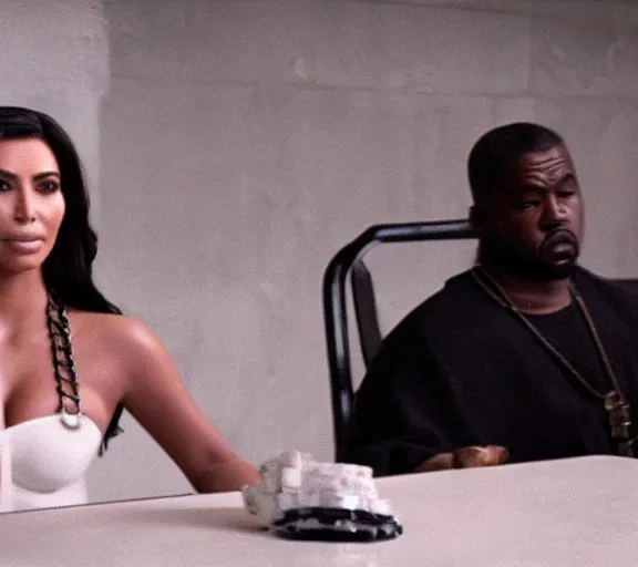 Prompt: a movie still of kim kardashian as a handcuffed prisoner with a chain around her neck bonded to a chair in the movie star wars