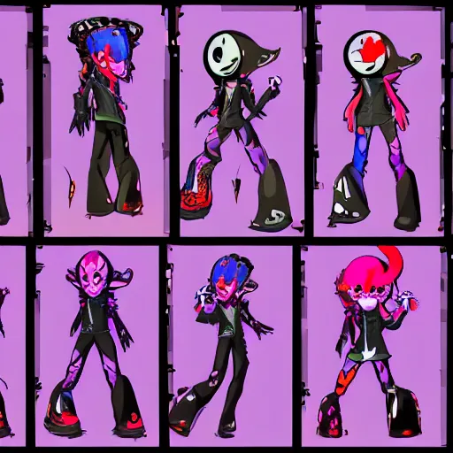 Image similar to character design sheets for a new vampire squid character, artwork in the style of splatoon from nintendo, art by tim schafer from double fine studios, black light, neon, spray paint, punk outfit, tall thin toothpick like frame adult character, fully clothed, gothic, color explosion, sparkles and glitter, pop art