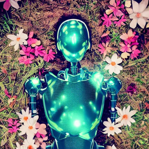 Image similar to side view of a beautiful abandoned human - shaped robot laying on the ground, overgrown foliage with flowers taking over it, close - up, 3 5 mm, biopunk, bokeh, beautiful, lens flare, emotional, detailed, picture, trending on artstation, award - winning, shiny, golden, angle view, octane render