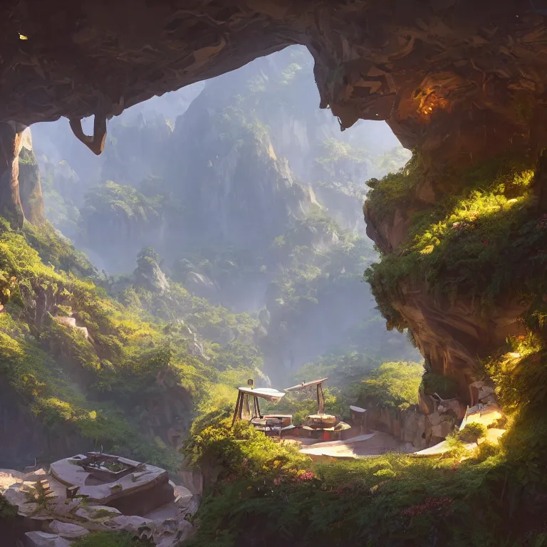 Prompt: secret overwatch living quarters carved inside a mountain surrounding a lush garden, trimmed, magical, natural light, cozy, fantasy, minimalist architecture, sharp focus, concept art, by greg rutkowski and craig mullins,, octane render 8 k