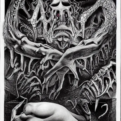 Image similar to high quality rendition of a horrifying man eater by m. c escher, m night shamalan, steven king and h. p. lovecraft. this will keep me up at night.