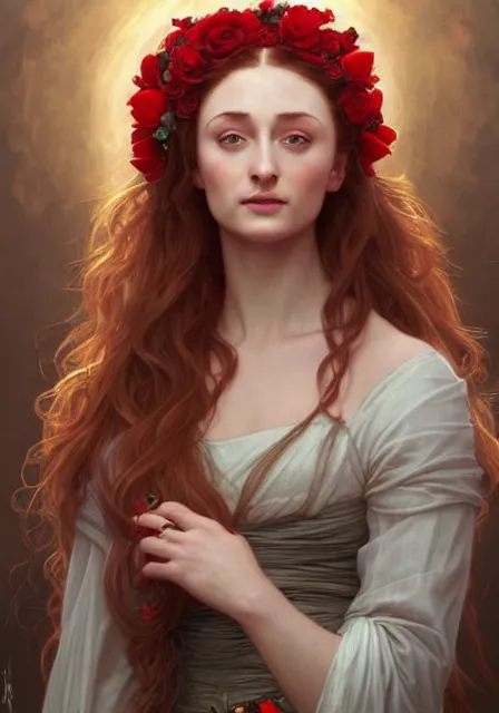 Prompt: portrait of sansa stark with red roses in her long hair, intricate, elegant, highly detailed, digital painting, artstation, concept art, smooth, sharp focus, illustration, art by artgerm and greg rutkowski and alphonse mucha and william - adolphe bouguereau
