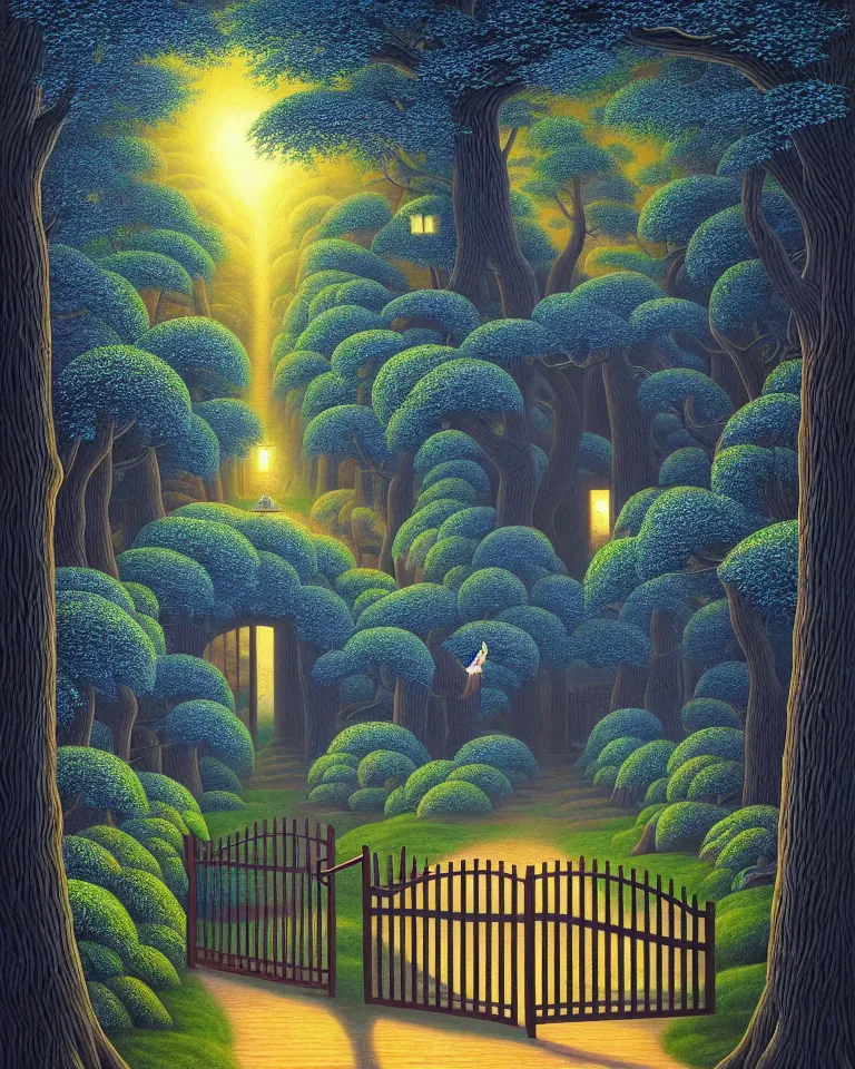 Prompt: hd painting of a dark garden, wooden gates, particles of magic by rob gonsalves, trending on artstation