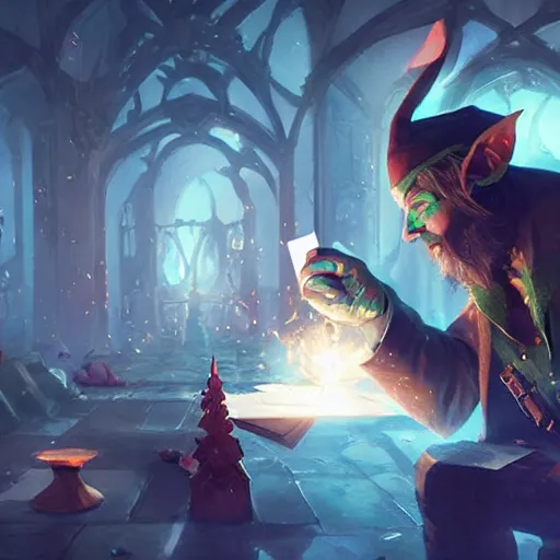 Image similar to magic elf magician performing a card trick, fantasy game art by greg rutkowski, fantasy rpg, league of legends