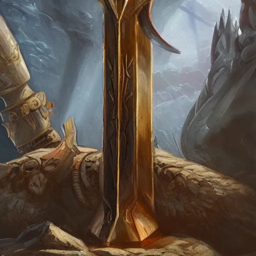 Image similar to Gungnir, the spear of Odin, laying on the pedestal in the armory of the gods, painting by Diego Gisbert Llorens