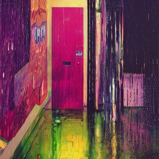 Image similar to 9 0 s interior with organic arched windows, rain like a dream, oil painting, volumetric lighting, cyberpunk, basquiat + francis bacon + gustav klimt + beeple, elevated street art, fantasy lut, textural, pink, blue, purple, green,