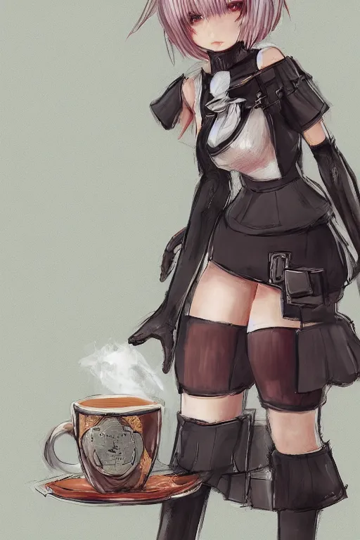 Image similar to Concept art of 2B from Nier Automata wearing a tartan miniskirt and holding a cup of tea