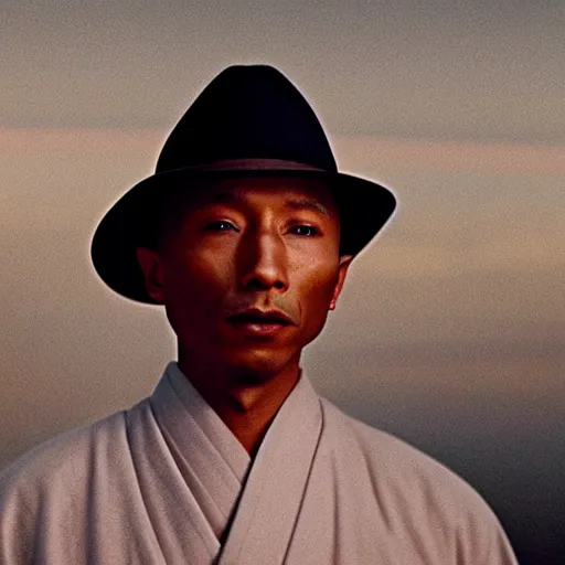 Image similar to cinematic film still Pharrell Williams starring as a Samurai holding fire, Japanese CGI, VFX, 2003, 40mm lens, shallow depth of field,film photography