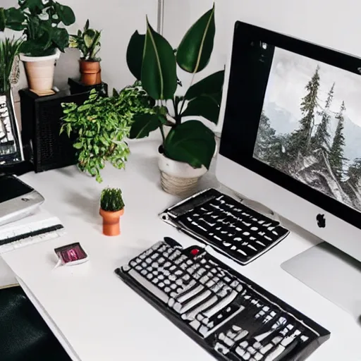 Prompt: a cozy HYGGE gaming station, dim lights, many plants