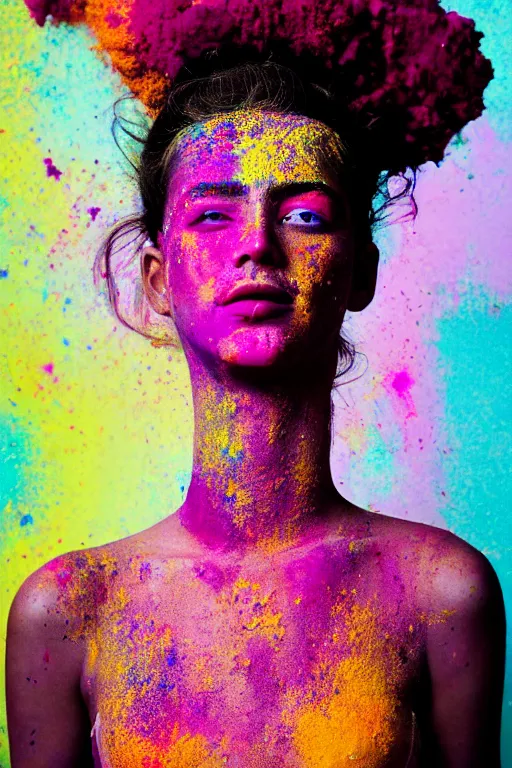 Image similar to A full body portrait of a girl covered in holi powder featured in Vogue and GQ editorial fashion photography, beautiful eye, symmetry face, haute couture dressed by Givenchy and Salvatore Ferragamo