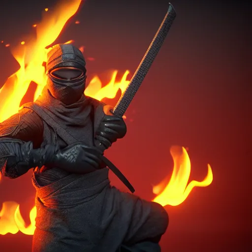 Image similar to a ninja with a sword in a fire background, 3 d render octane, trending on artstation