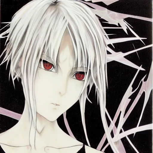 Image similar to Yoshitaka Amano style portrait of an anime girl with short white hair and eyepatch wearing suit with patterns, abstract black and white background, film grain effect, highly detailed, oil painting