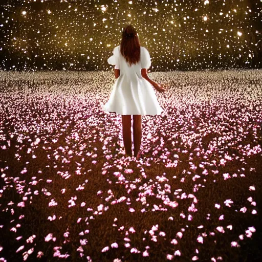 Image similar to a woman dressed in white, standing in an infinite field of white roses, petals in the breeze, fireflies glowing, vivid lighting, professional photography, distance shot, afternoon lighting