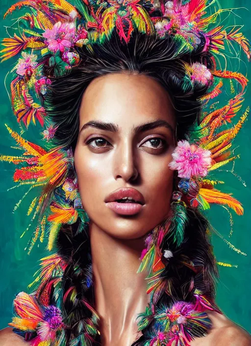 Prompt: beautiful portrait of Irina Shayk wearing fantastic Hand-dyed cotton dress,embellished beaded feather decorative fringe knots ,colorful pigtail,subtropical flowers and plants,symmetrical face,mediterranean,intricate,elegant,highly detailed,8k,post-processing,digital painting,trending on pinterest,harper's bazaar,concept art, sharp focus, illustration, by artgerm,Tom Bagshaw,Lawrence Alma-Tadema,greg rutkowski,alphonse Mucha