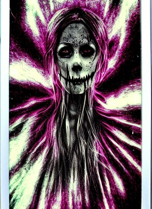 Prompt: gothic soul - spirit with galaxy dead eyes, random decor of necro blast, psycho colors veins, realistic flavor, twisted sorrow fade soft, polaroid 1 3