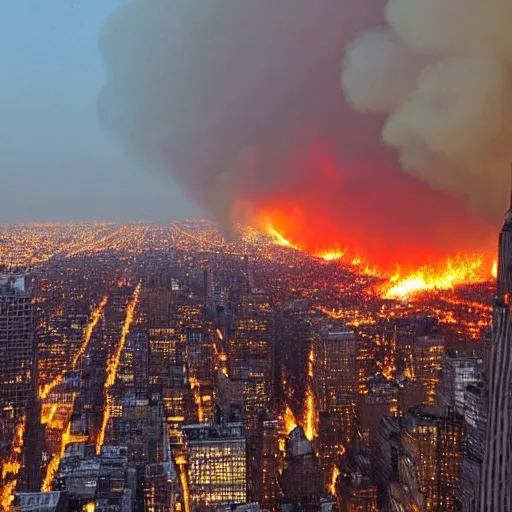 Image similar to a photograph photo of new york city being scorched by holy fire from the sky and meteors