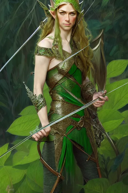 Image similar to male elven Archer armor made of green leaves, fantasy, amber eyes, face, long hair, intricate, elegant, highly detailed, digital painting, artstation, concept art, smooth, sharp focus, illustration, art by artgerm and greg rutkowski and alphonse mucha