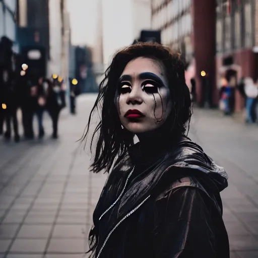 Image similar to Cinestill 50d candid photography of a city on fire, a techwear mixed woman wearing thick mascara and dark glitter makeup crying outside of a city on fire, tattoos, long shot, wide shot, full shot, blurry, 4k, 8k, hd, full color
