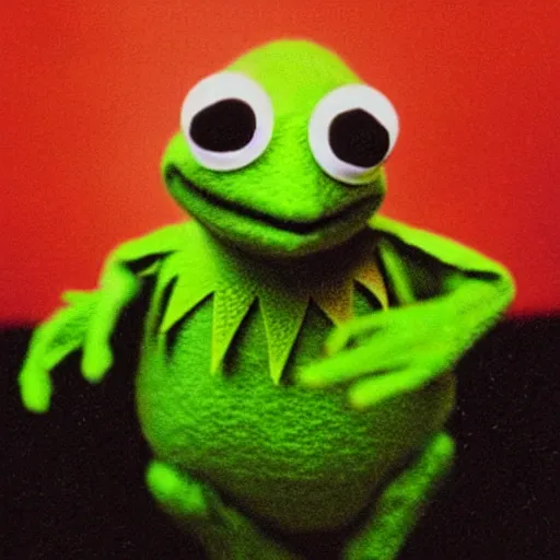Image similar to polaroid shot of kermit the frog in the movie the matrix