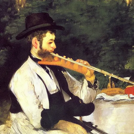 Prompt: an oil painting of a flute player by Manet