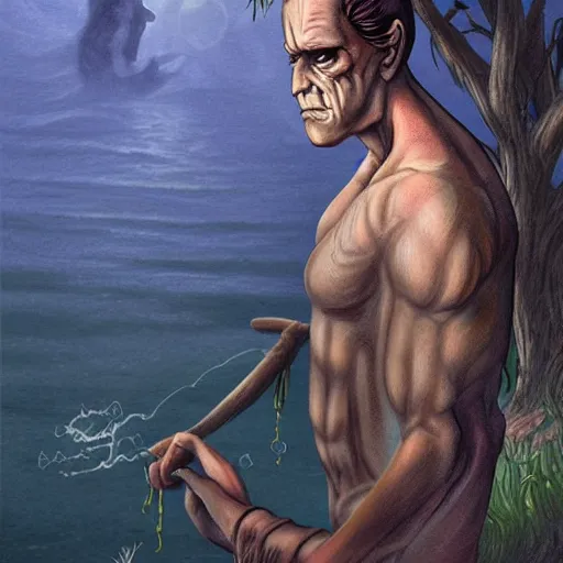 Prompt: handsome frankenstein in the lake, soft shading, fantasy illustration, gentle monster, beautiful monster