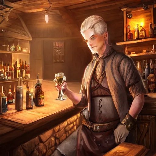 Image similar to barkeep tavern blonde short hair middle age man ultra detailed fantasy, elden ring, realistic, dnd character portrait, full body, dnd, rpg, lotr game design fanart by concept art, behance hd, artstation, deviantart, global illumination radiating a glowing aura global illumination ray tracing hdr render in unreal engine 5