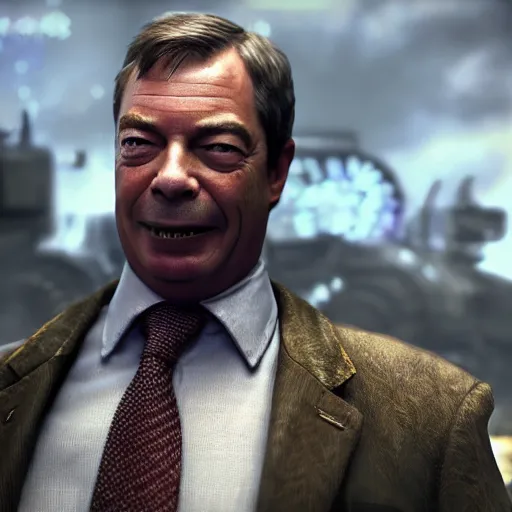 Image similar to Portrait of Nigel Farage in Gears of War, splash art, movie still, cinematic lighting, dramatic, octane render, long lens, shallow depth of field, bokeh, anamorphic lens flare, 8k, hyper detailed, 35mm film grain