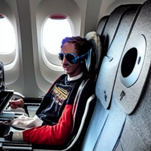 Prompt: deadmau5 sitting in economy class on an international flight