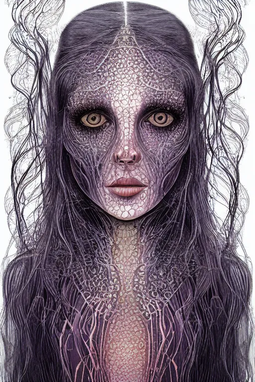 Image similar to dark underwater portrait of a Bioluminescent woman, with reaction diffusion semi-transparent skin. face closeup. long intricate dark hair, with jellyfish. very high detail, illustration, by alex grey