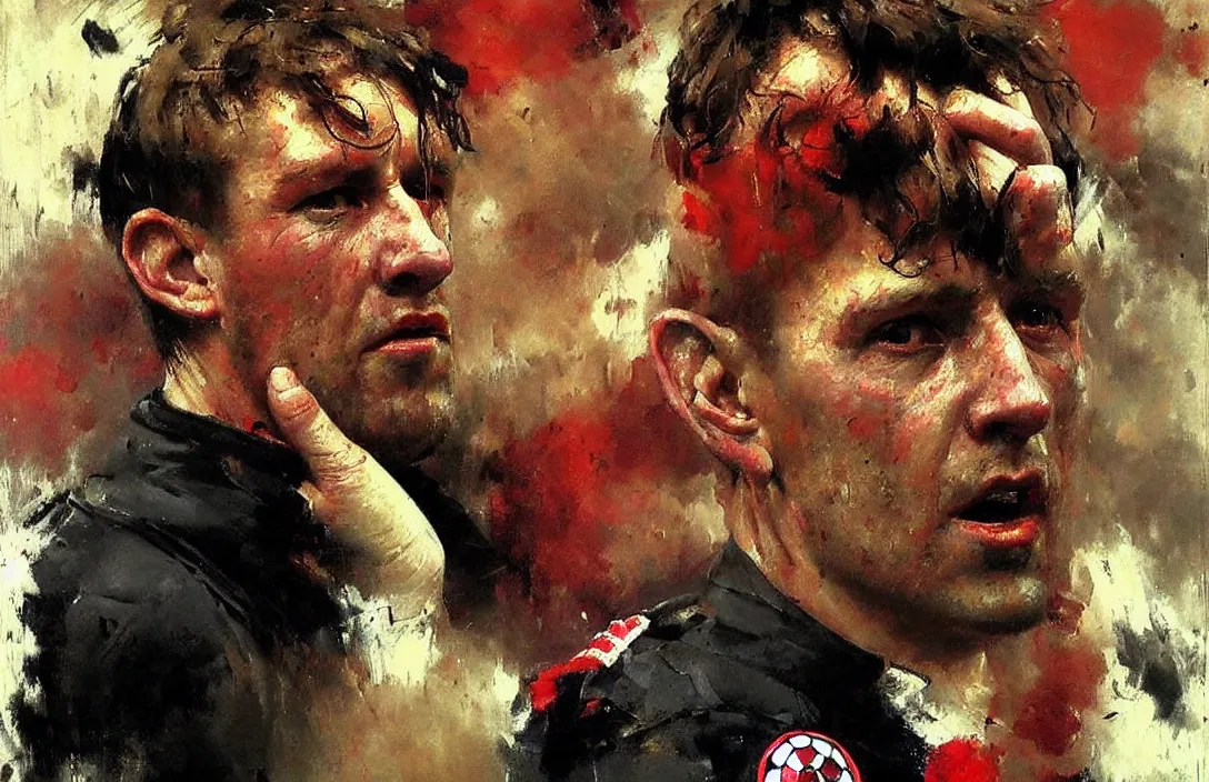 Image similar to portrait of an english football fan!!!!!!!!!!!!!!!!!!!!!!!!!!!, detailed face, detailed painting, epic lighting, by ilya repin, phil hale and kent williams