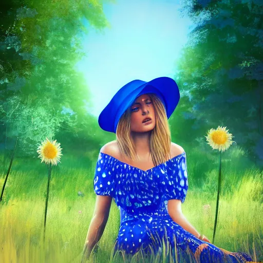 Prompt: blonde girl in a blue dress and a sun hat sitting barefoot in a garden, hyperdetailed, cinematic, kinemacolor, artstation, photorealistic, beautiful 8 k