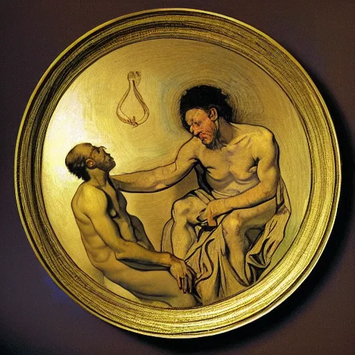 Prompt: gold disc embossed with the image of a human figure that represents a shamanic practitioner in the throes of spiritual ecstasy, by caravaggio, by van gogh, graffiti