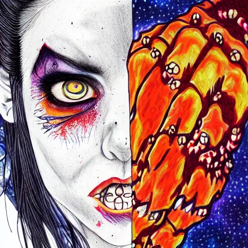 Image similar to hyper realistic colored pencil drawing of zombie wolverine, space background, unlimited detail, colored, space, dragon, intricate, detail, phoenix, orange by harumi hironaka-C 8