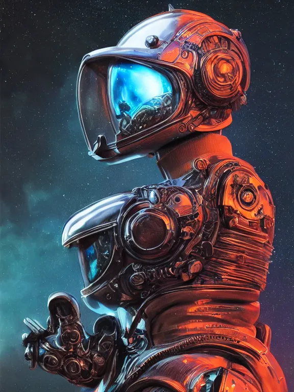 Prompt: portrait art of 8k ultra realistic retro futuristic astronaut, side profile, helmet visor smashed, , glow around helmet, deep space , detailed intricate ornate armour,eldritch horror,blade runner, cybernetic, full of colour, cinematic lighting, trending on artstation, 4k, hyperrealistic, focused, extreme details,unreal engine 5, cinematic, masterpiece, art by ayami kojima, giger