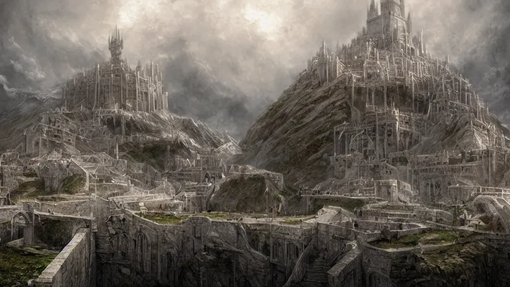 Image similar to the white city of minas tirith in gondor, middle - earth, by alan lee, michal karcz, smooth details, lord of the rings, game of thrones, smooth, detailed terrain, oil painting, trending artstation, concept art, fantasy matte painting