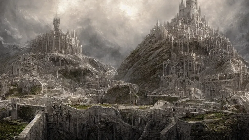 prompthunt: the white city of minas tirith in gondor, middle - earth, by  alan lee, michal karcz, smooth details, lord of the rings, game of thrones,  smooth, detailed terrain, oil painting, trending