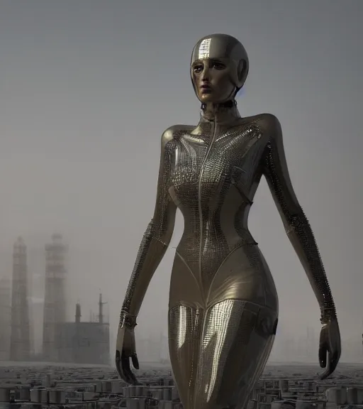 Prompt: tarkovsky greatest scene, the ancient majestic tower of babylon, woman in futuristic cyber clothing, transparent puffer jacket, hyper realistic, blockchain world, cyber world, ambient lighting, concept art, intricate, hyper detailed, smooth, dynamic volumetric lighting, octane, ray trace, cinematic, high quality, high resolution, 4 k, cgsociety