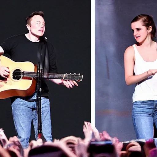 Image similar to elon musk & emma watson performing at woodstock