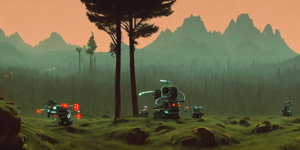 Image similar to green mountains with robots in the middle, by simon stalenhag