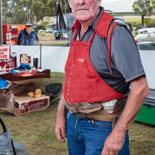 Image similar to john jarrat as mick taylor from wolf creek at a bunnings sausage sizzle, photorealistic, good lighting, award winning photograph