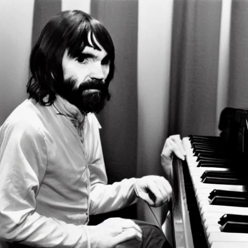 Prompt: charles manson playing keyboard with the beatles, 3 5 mm photography, realistic, detailed, uncropped, realistic face,